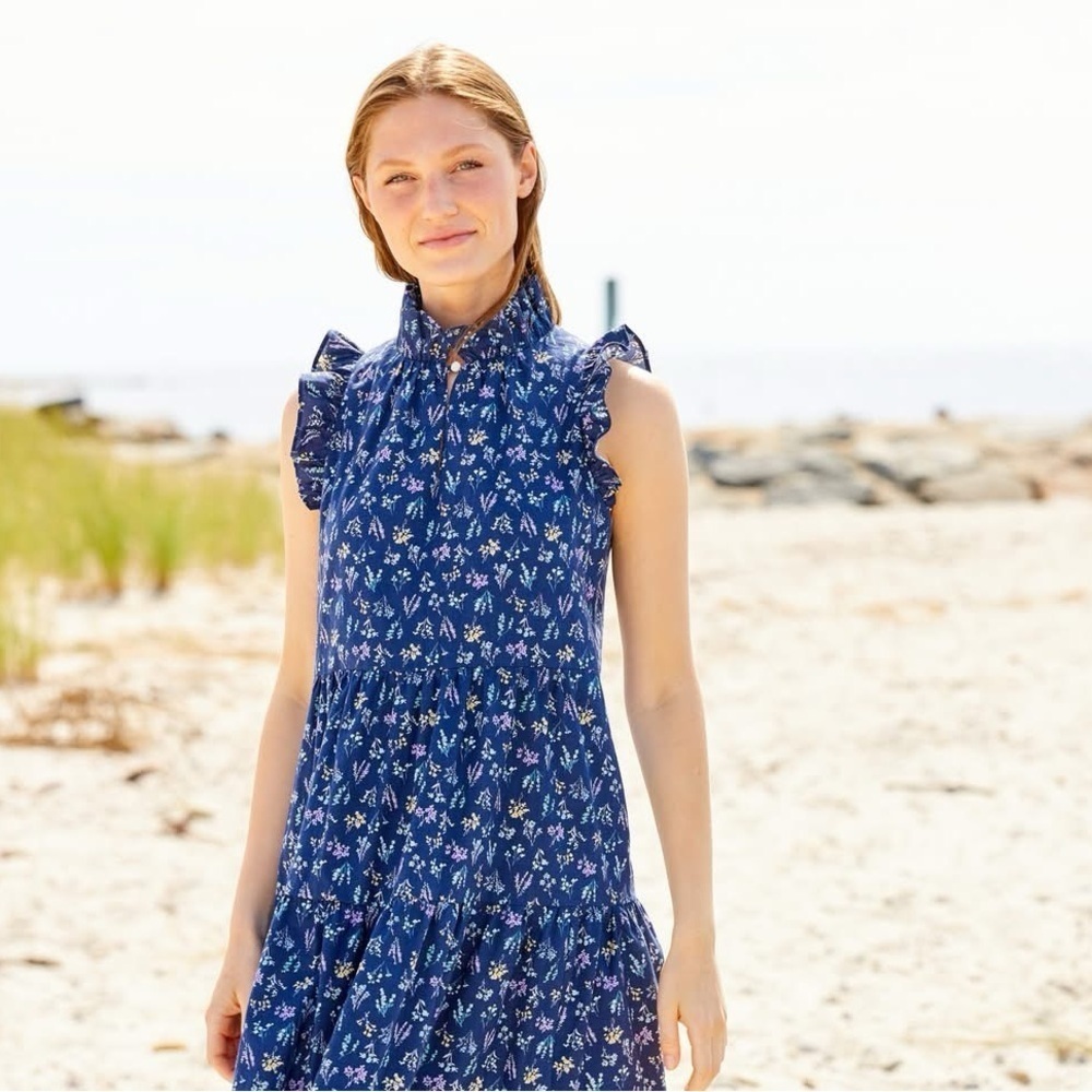 Sara Campbell Floral Navy Ruffle Sleeve Collar Size XS Dress Tiered Lina